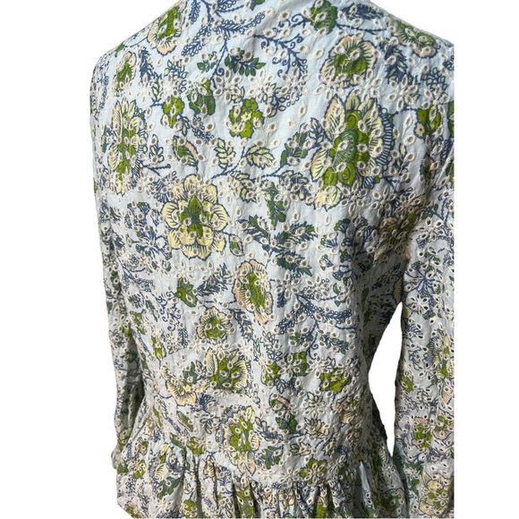 7 For All Mankind Large Ruffle Eyelet Long Sleeve Peplum Blue Floral Blouse - Picture 6 of 7